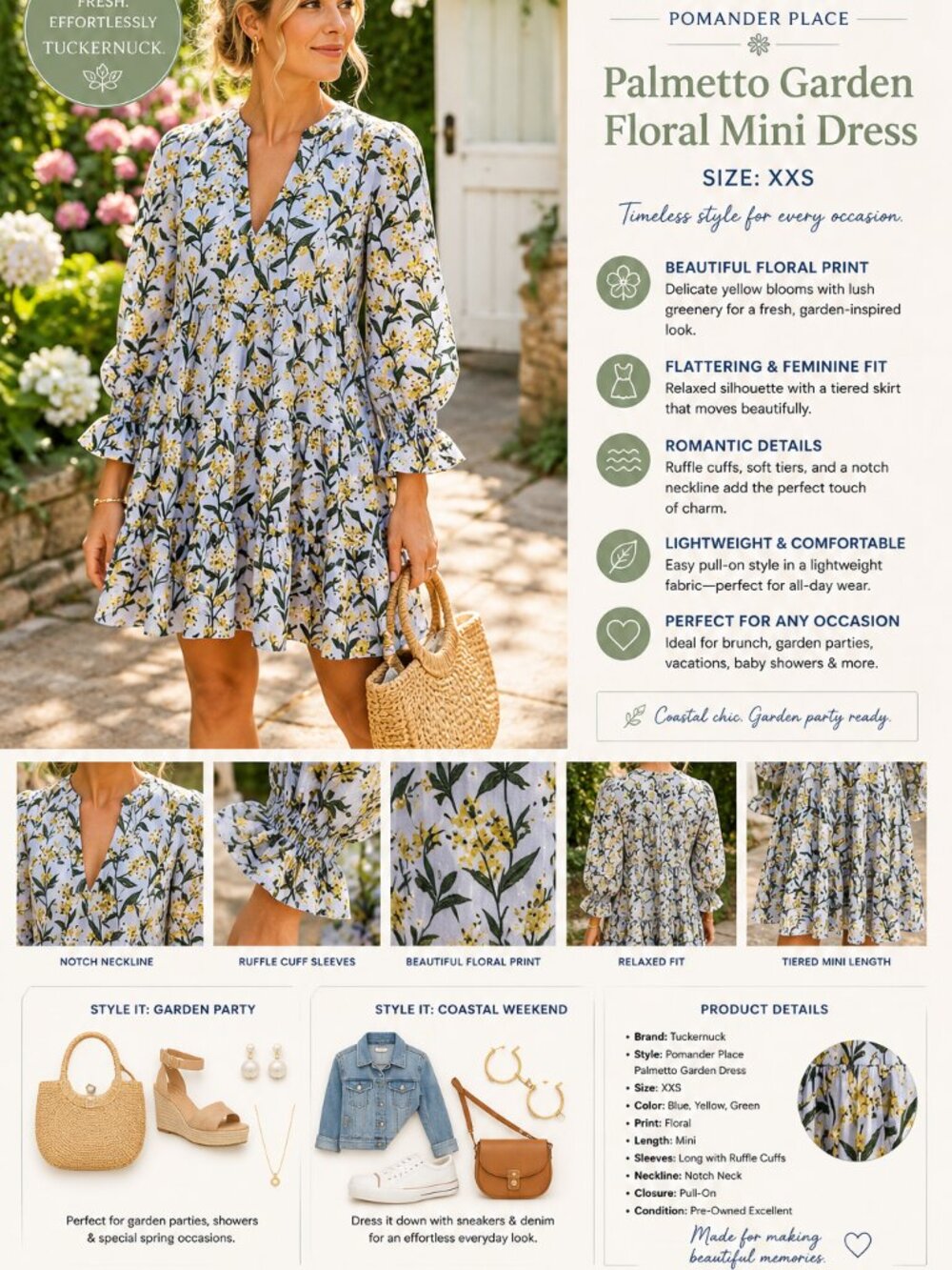 Tuckernuck Pomander Place Dress XXS Floral Mini Garden Party Coastal Chic